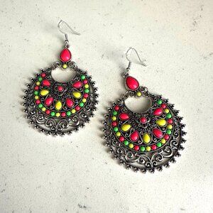 Bohemian Style Multicolor Silver Tone Hoop Earrings With Fish Hook Closure